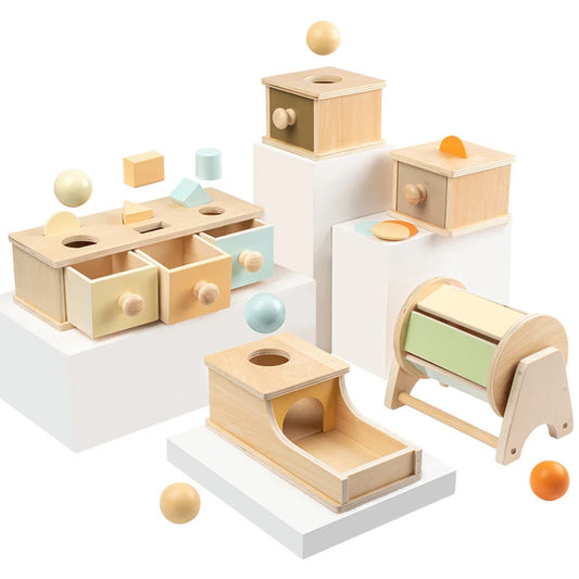 Montessori 5-in-1 Wooden Educational Toy – Object Permanence, Coin Drop, Shape Sorter & Spinning Drum for Toddlers, Sensory Play and Early Learning